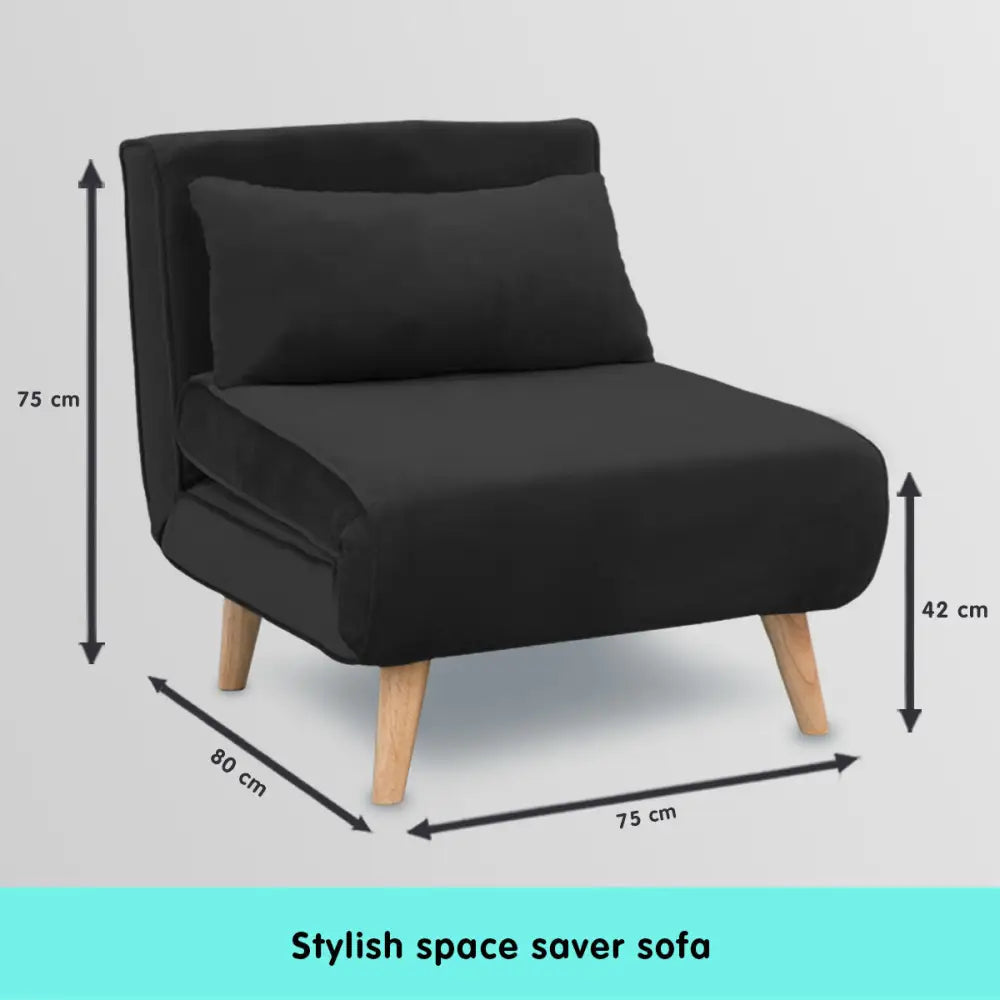 Sarantino Adjustable Chair Single Sofa Bed Faux Velvet - Black - Furniture > Sofas