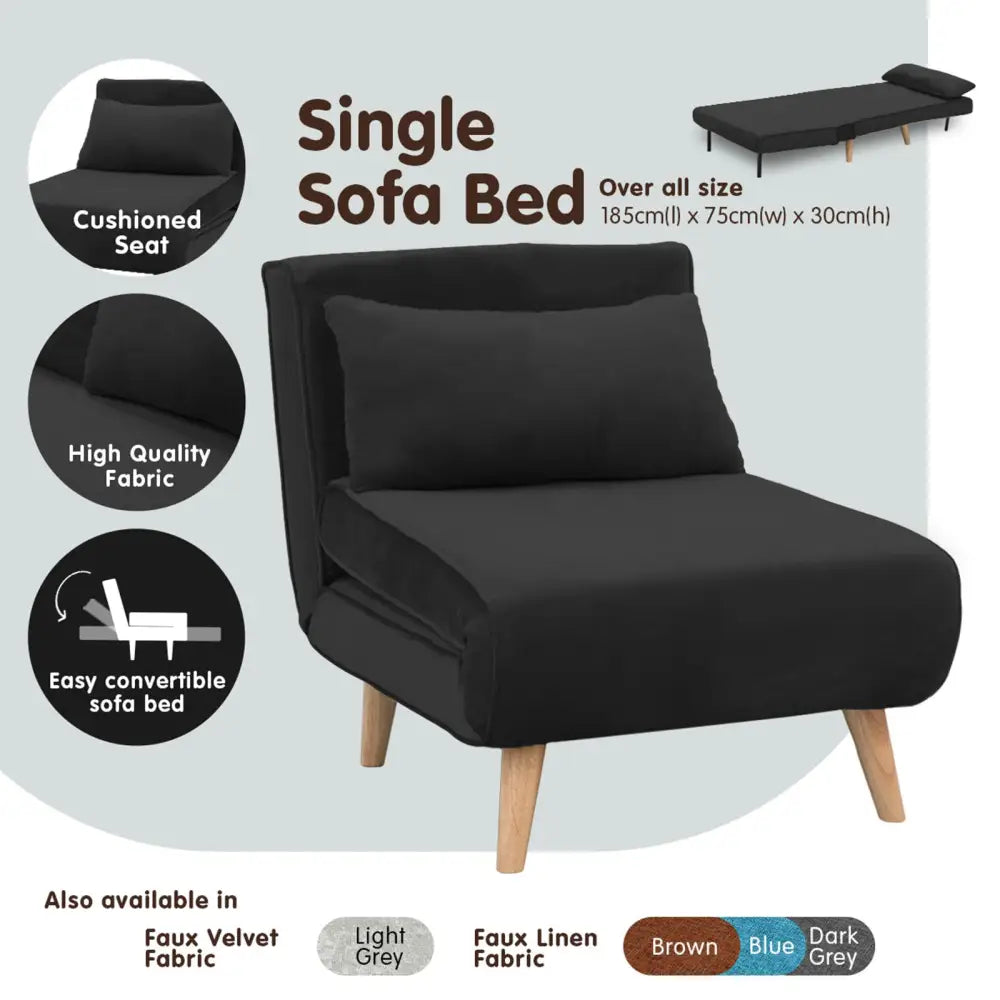 Sarantino Adjustable Chair Single Sofa Bed Faux Velvet - Black - Furniture > Sofas