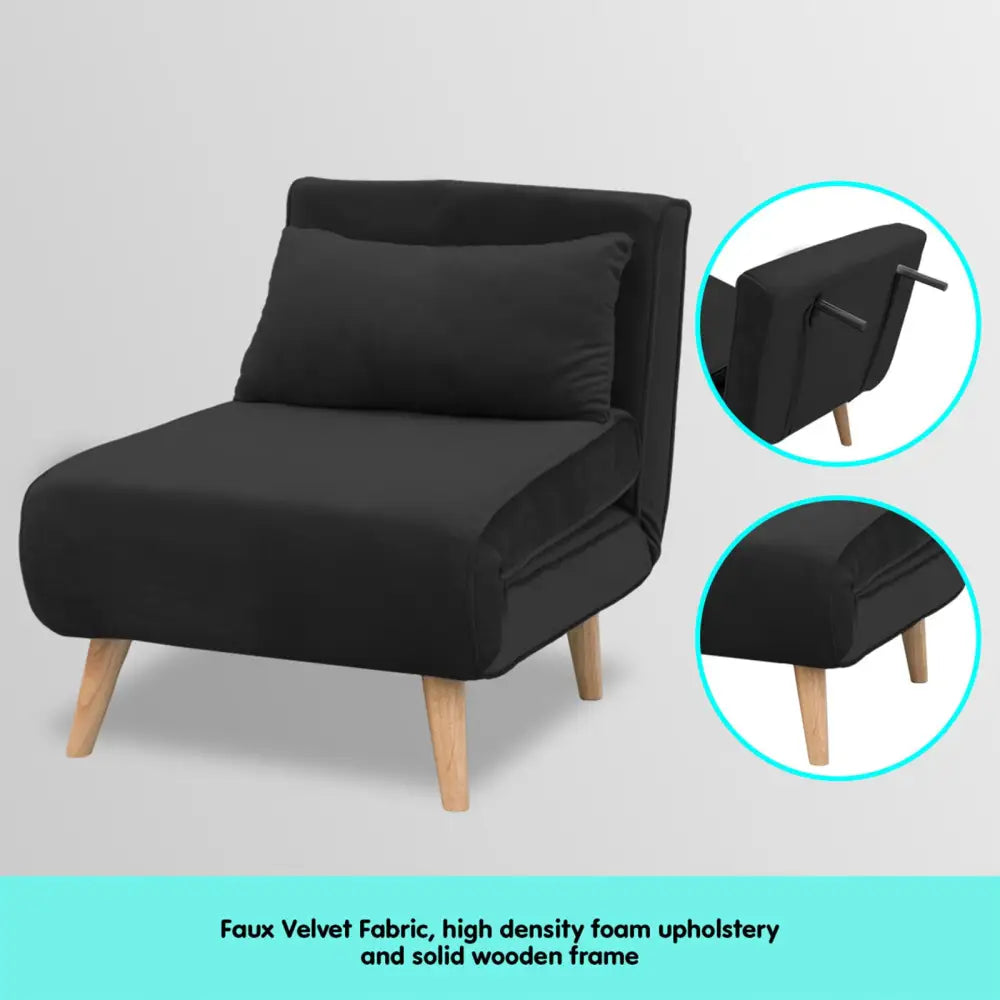 Sarantino Adjustable Chair Single Sofa Bed Faux Velvet - Black - Furniture > Sofas