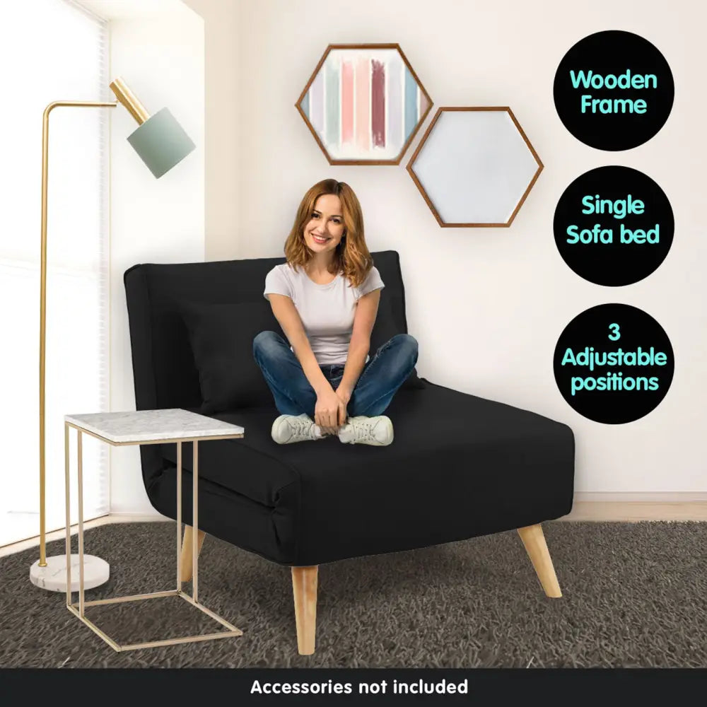 Sarantino Adjustable Chair Single Sofa Bed Faux Velvet - Black - Furniture > Sofas