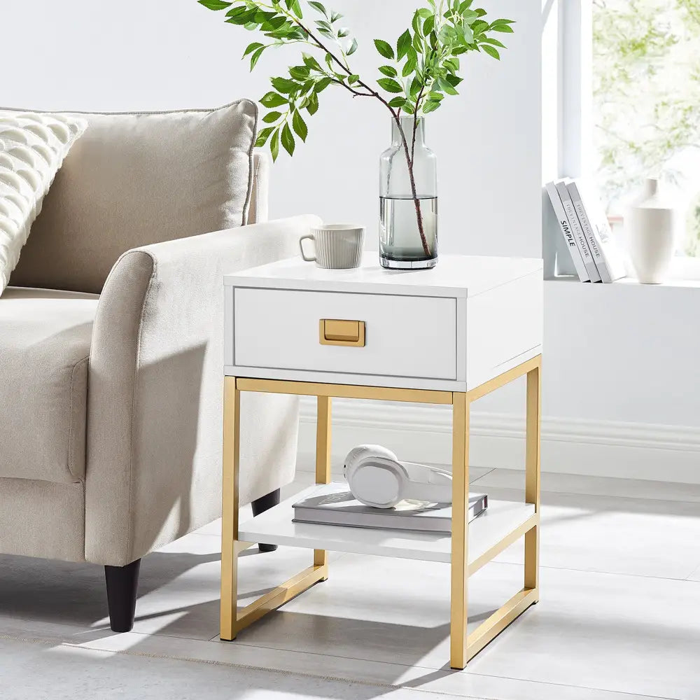 Sarantino Alessia Bedside Table In White/gold - Furniture > Bedroom