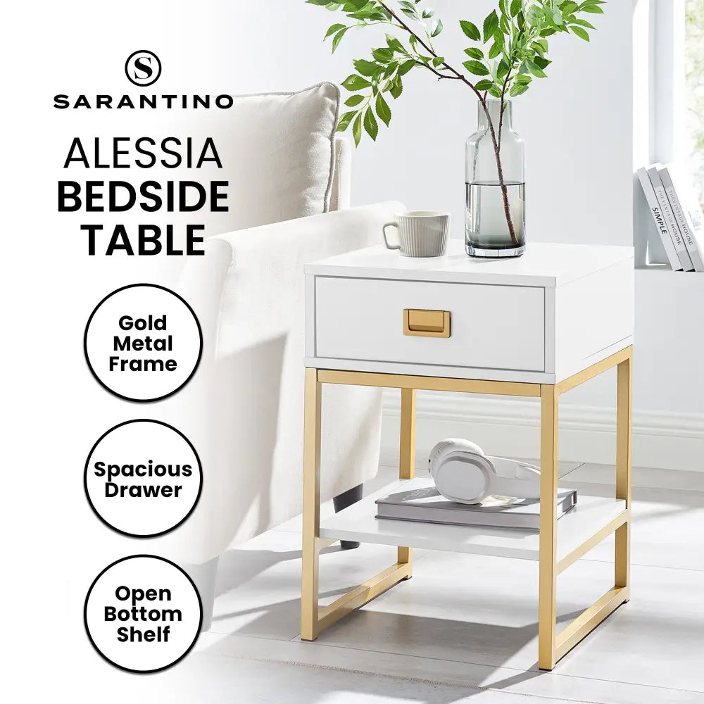 Sarantino Alessia Bedside Table In White/gold - Furniture > Bedroom
