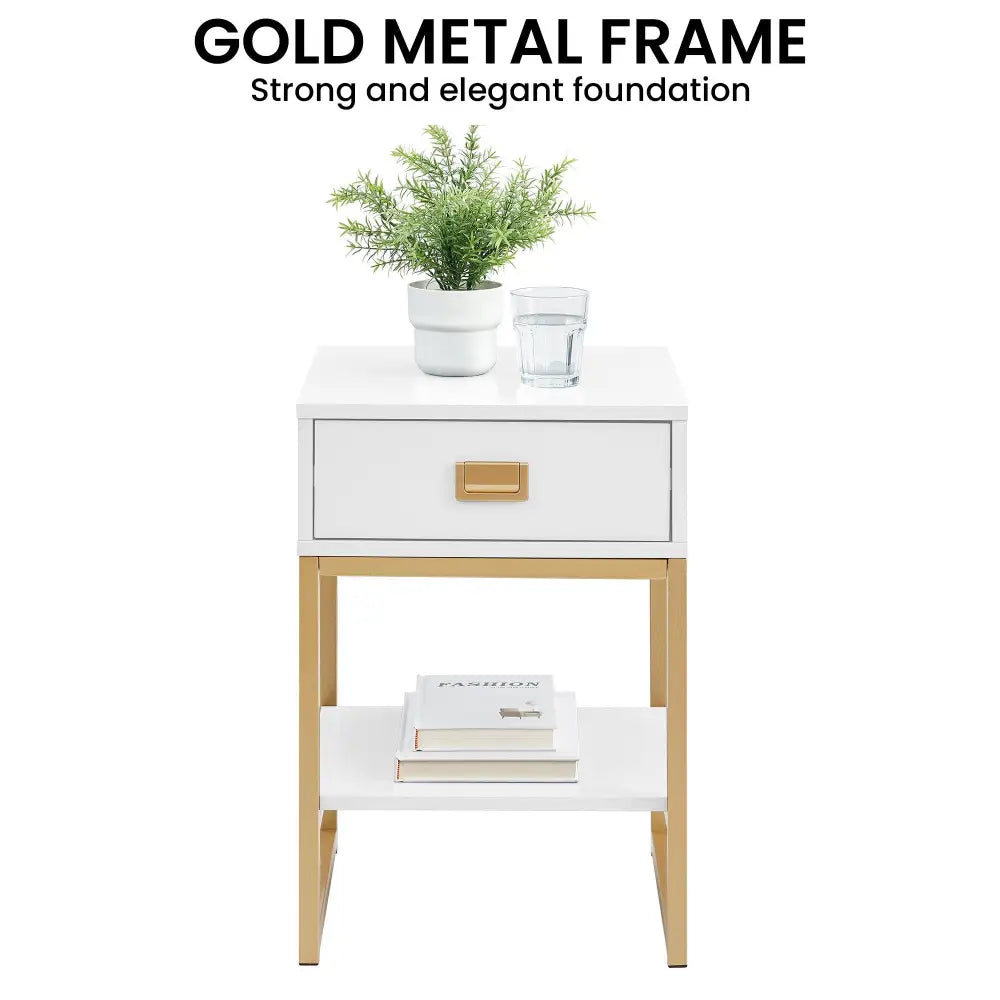 Sarantino Alessia Bedside Table In White/gold - Furniture > Bedroom