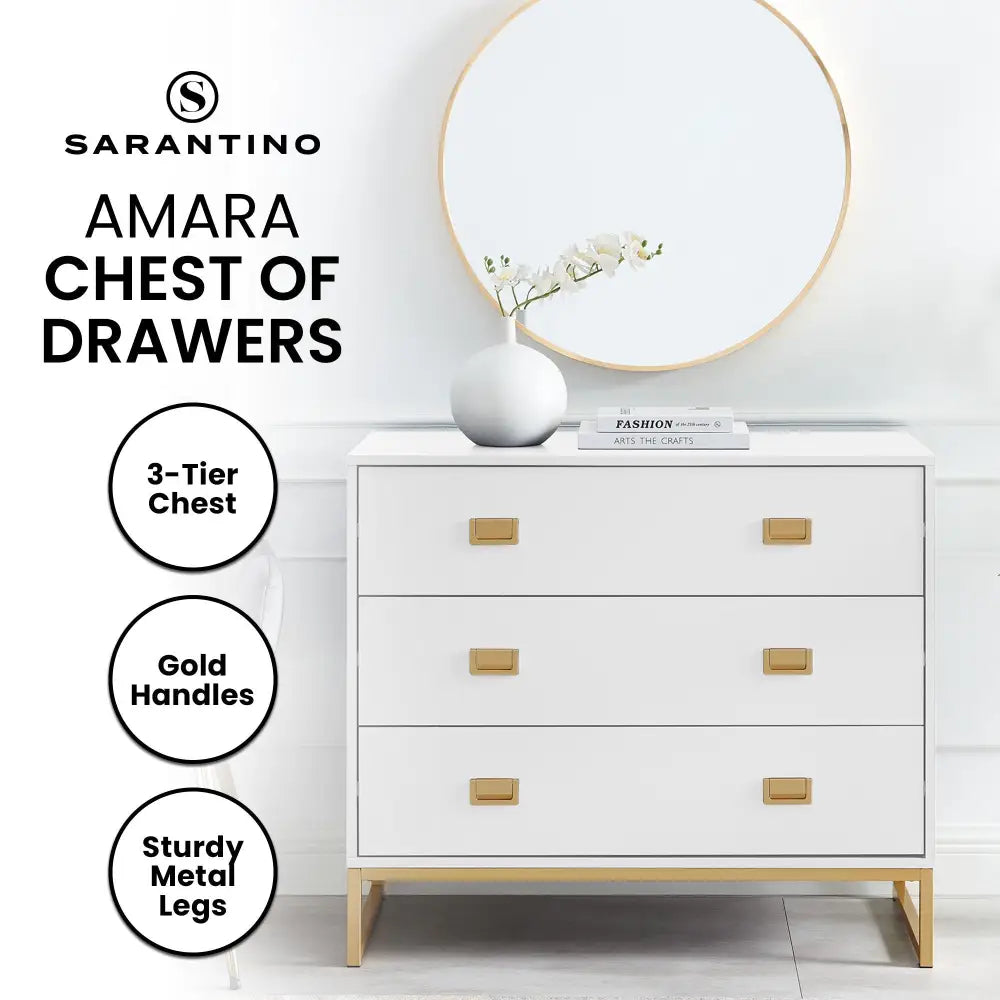 Sarantino Amara Chest Of Drawers Tallboy Dresser - White/gold - Furniture > Living Room