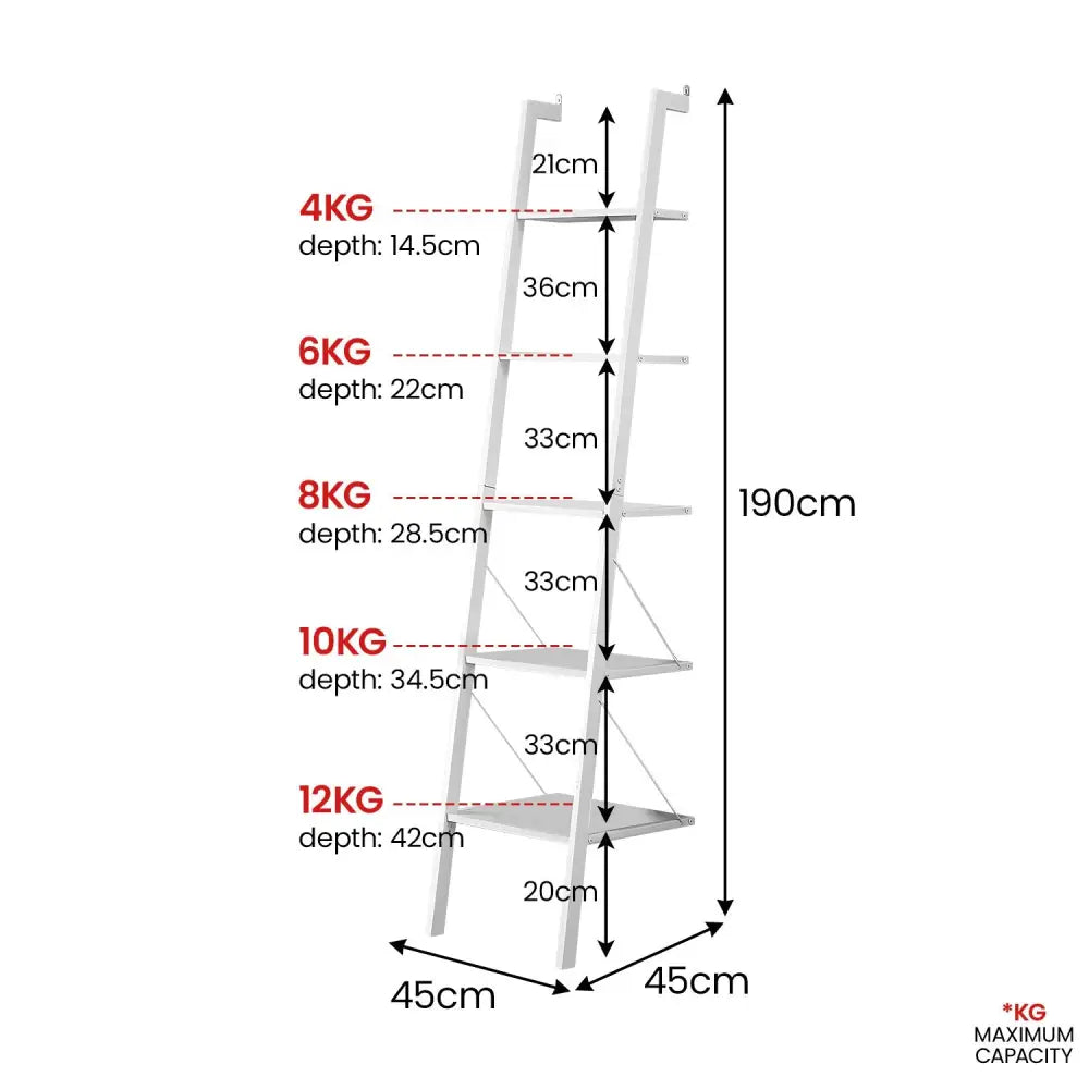 Sarantino Amelia 5-Tier Ladder Shelf in White - Furniture > Living Room > Bookcases & Shelves