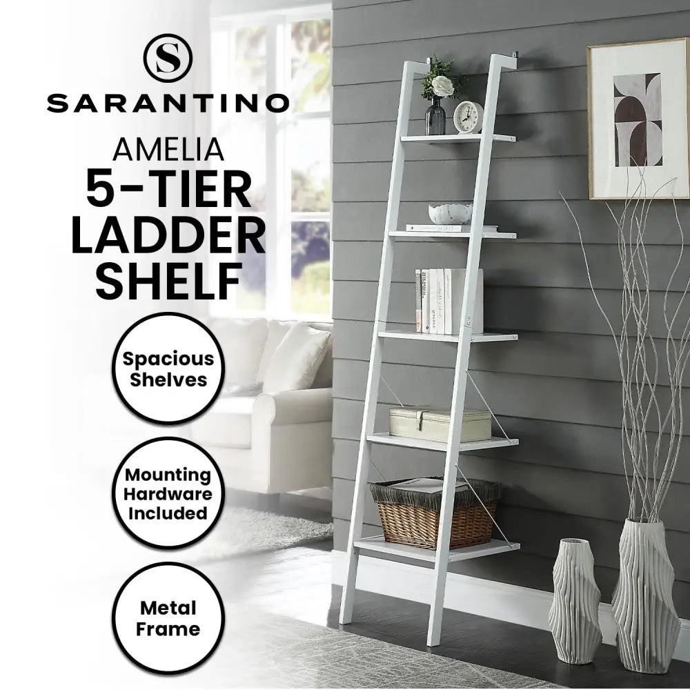 Sarantino Amelia 5-Tier Ladder Shelf in White - Furniture > Living Room > Bookcases & Shelves