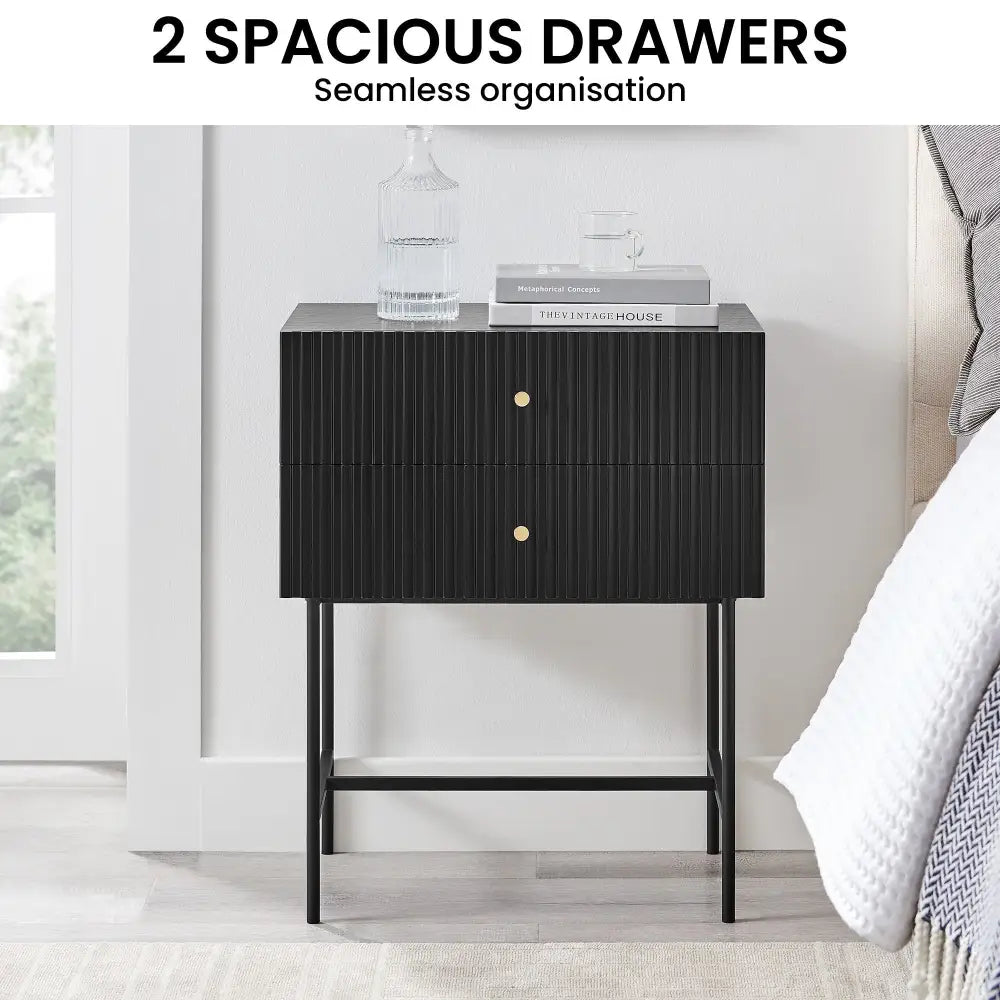 Sarantino Arden Fluted 2-drawer Bedside Table Night Stand - Black - Furniture > Bar Stools & Chairs > Arm Chairs &