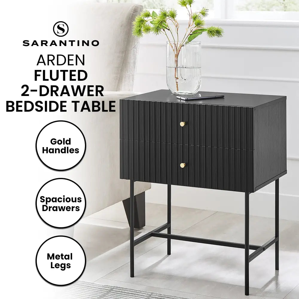 Sarantino Arden Fluted 2-drawer Bedside Table Night Stand - Black - Furniture > Bar Stools & Chairs > Arm Chairs &