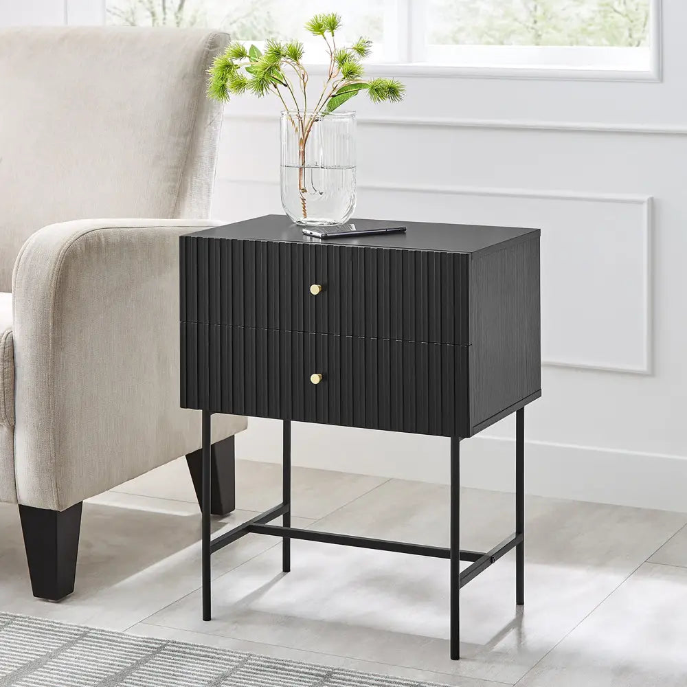 Sarantino Arden Fluted 2-drawer Bedside Table Night Stand - Black - Furniture > Bar Stools & Chairs > Arm Chairs &