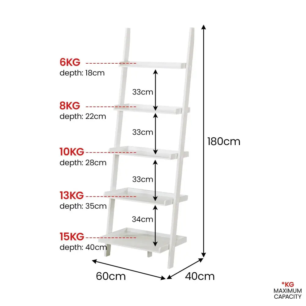Sarantino Aster 5-Tier Ladder Shelf in White - Furniture > Living Room > Bookcases & Shelves