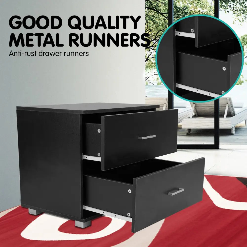 Sarantino Bedside Table Cabinet Storage Chest 2 Drawers Lamp Side Nightstand - Black - Furniture > Bedroom