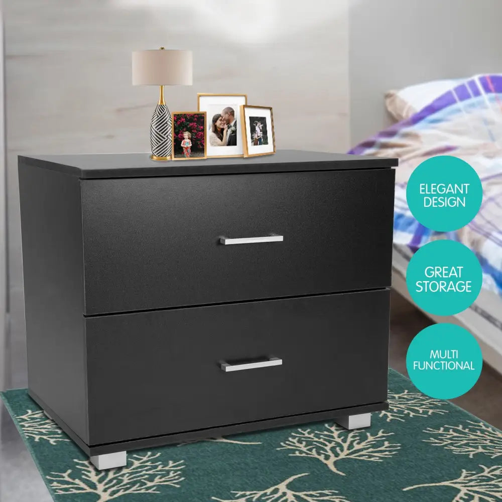 Sarantino Bedside Table Cabinet Storage Chest 2 Drawers Lamp Side Nightstand - Black - Furniture > Bedroom