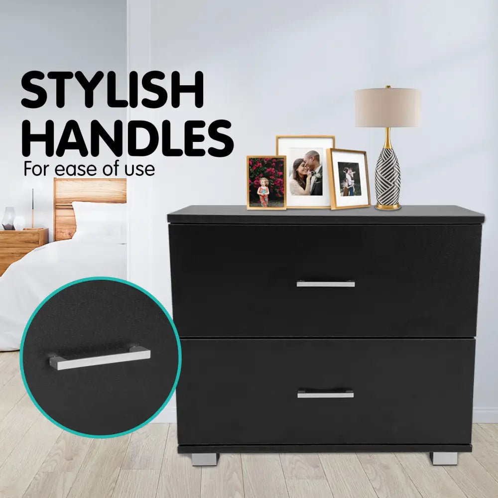 Sarantino Bedside Table Cabinet Storage Chest 2 Drawers Lamp Side Nightstand - Black - Furniture > Bedroom