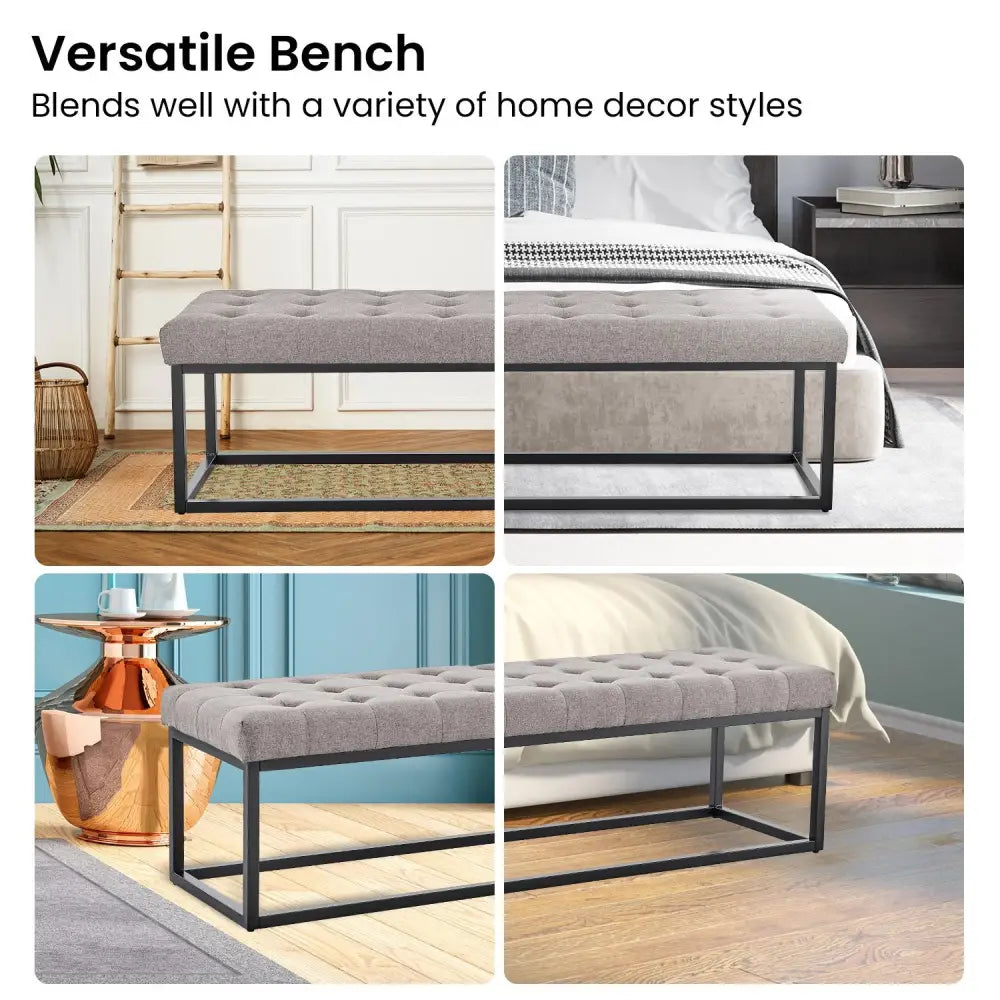 Sarantino Cameron Button-tufted Upholstered Bench With Metal Legs By Sarantino - Light Grey Linen - Furniture > Living