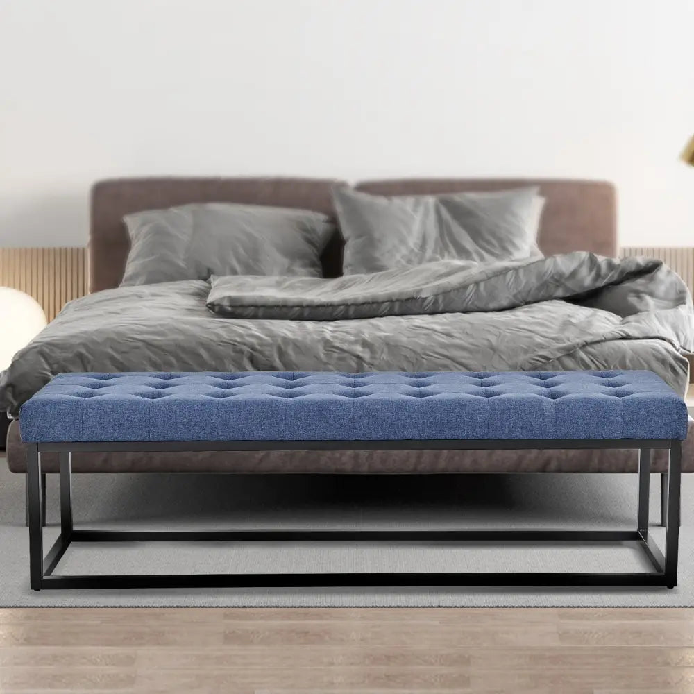 Sarantino Cameron Button-tufted Upholstered Bench With Metal Legs - Blue Linen - Furniture > Living Room