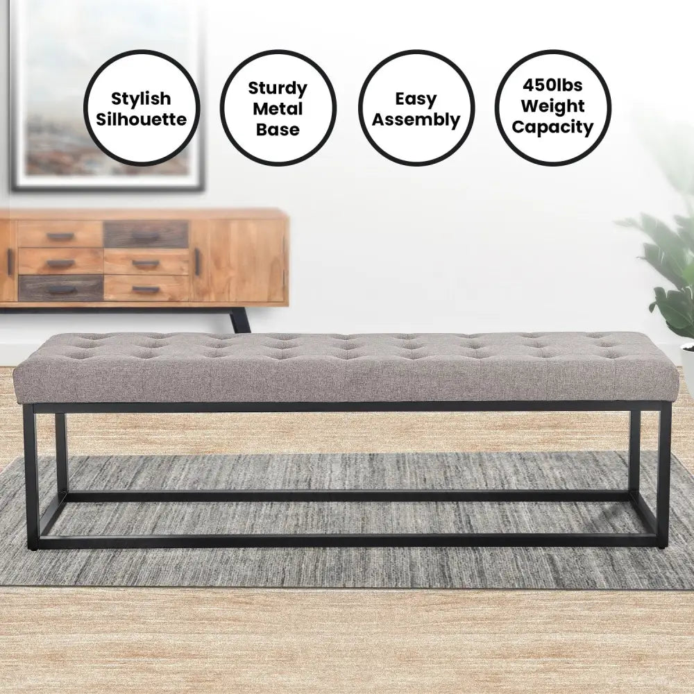 Sarantino Cameron Button-tufted Upholstered Bench With Metal Legs By Sarantino - Light Grey Linen - Furniture > Living