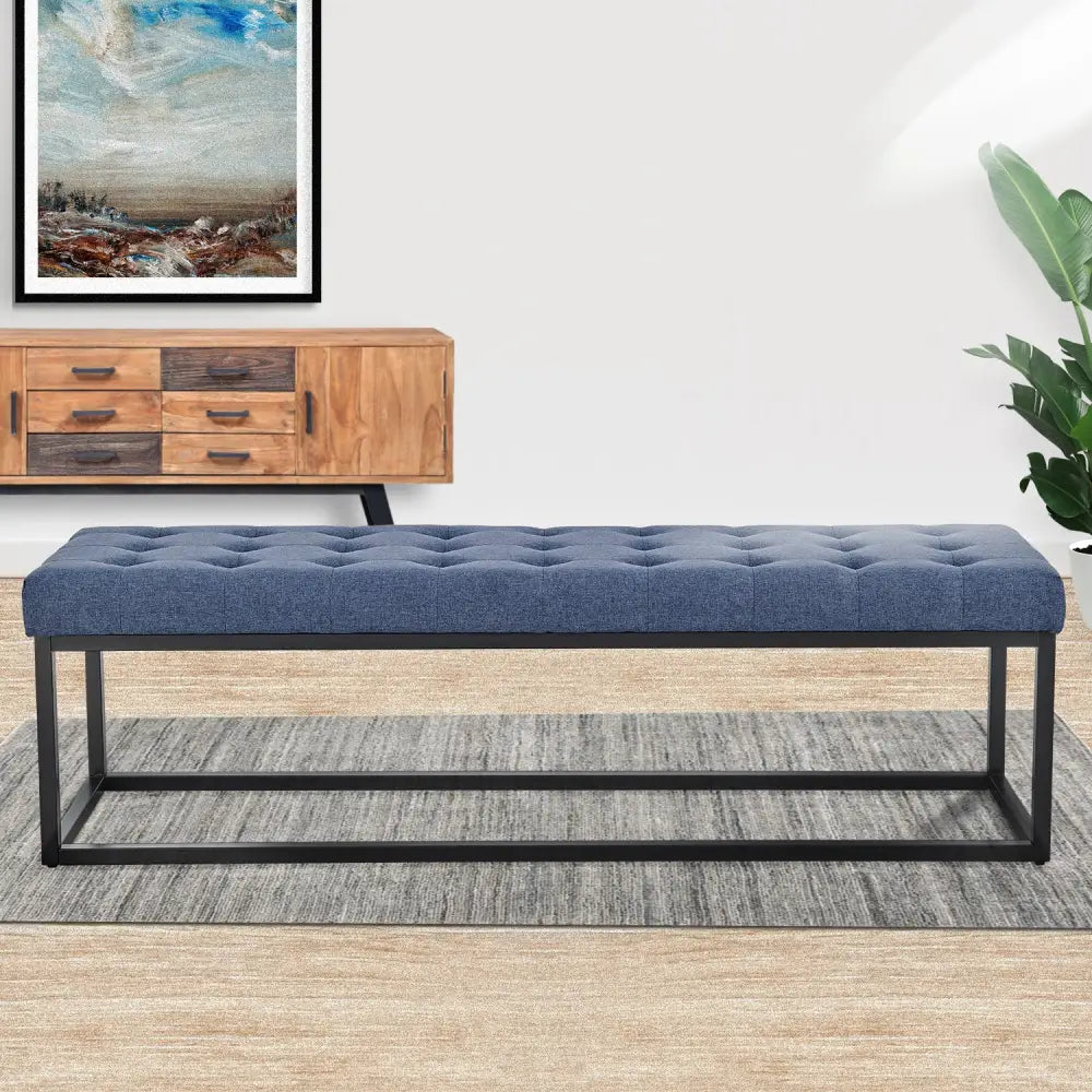 Sarantino Cameron Button-tufted Upholstered Bench With Metal Legs - Blue Linen - Furniture > Living Room