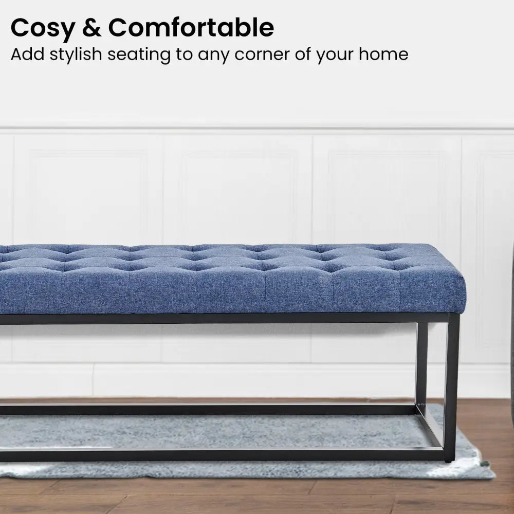 Sarantino Cameron Button-tufted Upholstered Bench With Metal Legs - Blue Linen - Furniture > Living Room
