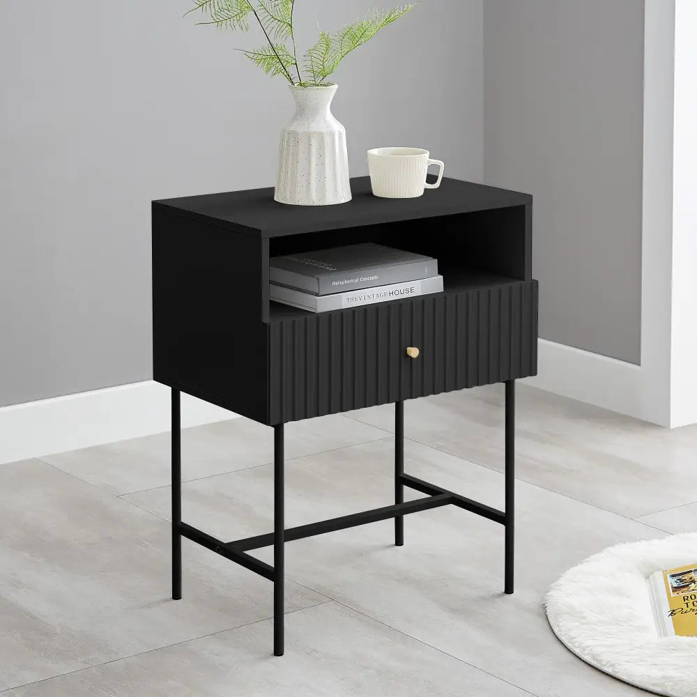 Sarantino Cecil Slender Fluted Bedside Table in Black - Furniture > Bedroom > Bedside Tables