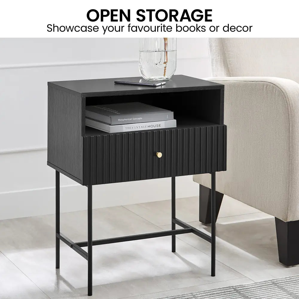 Sarantino Cecil Slender Fluted Bedside Table in Black - Furniture > Bedroom > Bedside Tables