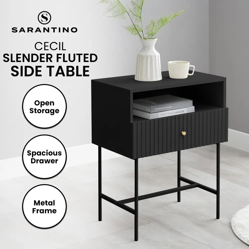 Sarantino Cecil Slender Fluted Bedside Table in Black - Furniture > Bedroom > Bedside Tables