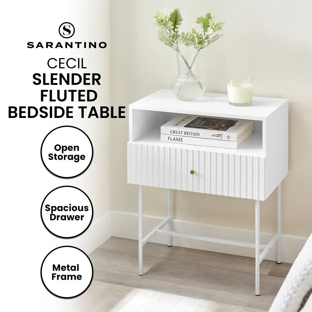 Sarantino Cecil Slender Fluted Bedside Table In White - Furniture > Bedroom