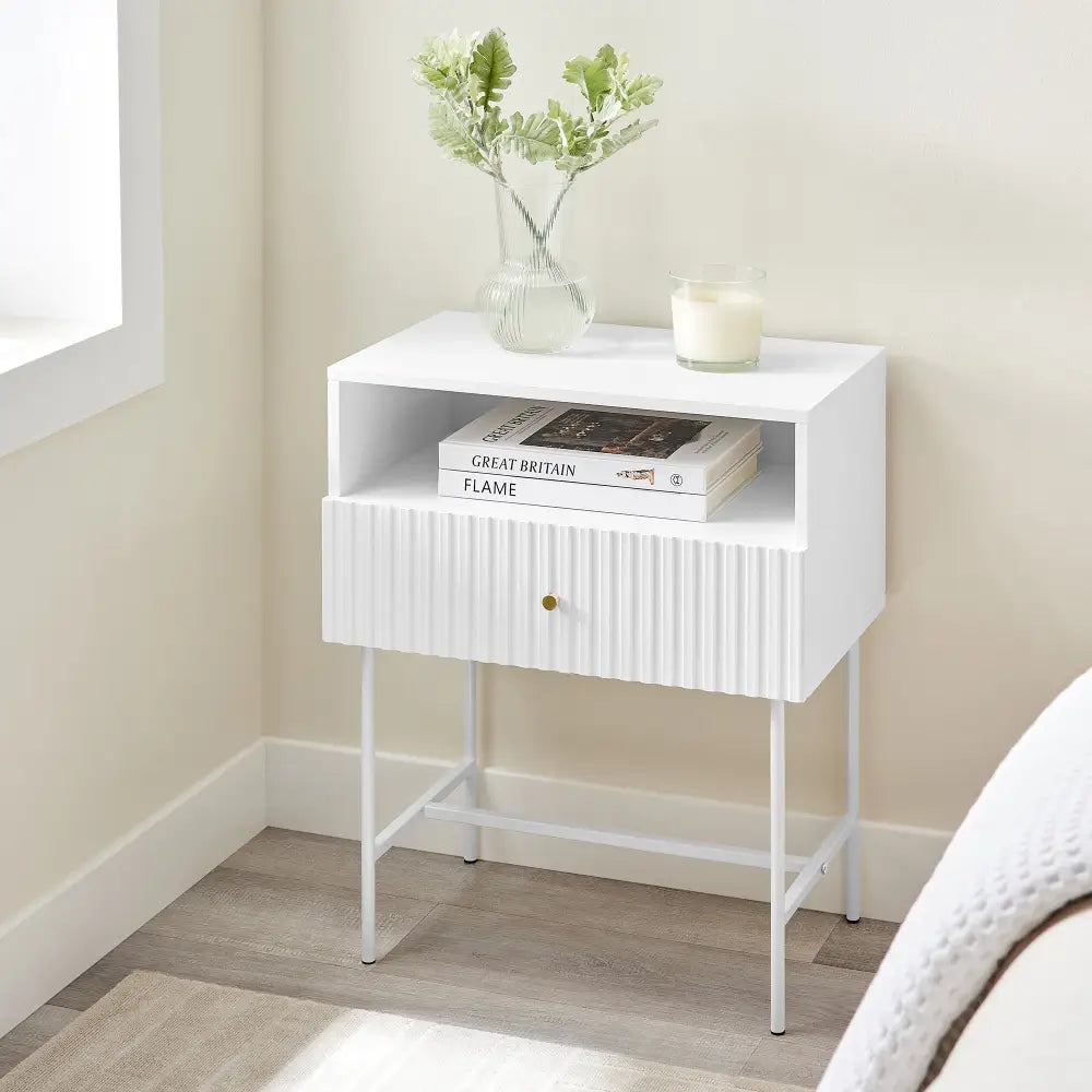 Sarantino Cecil Slender Fluted Bedside Table In White - Furniture > Bedroom