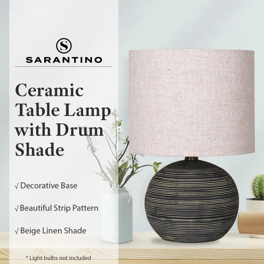 Sarantino Ceramic Table Lamp With Striped Pattern In Antique Black - Home & Garden > Garden Lights