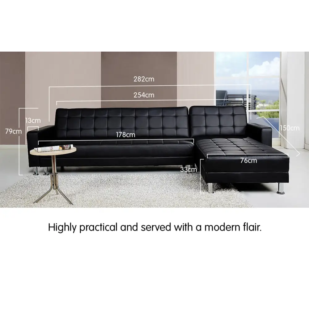 Sarantino Corner Faux Leather Sofa Bed Couch with Chaise - Black - Furniture > Sofas