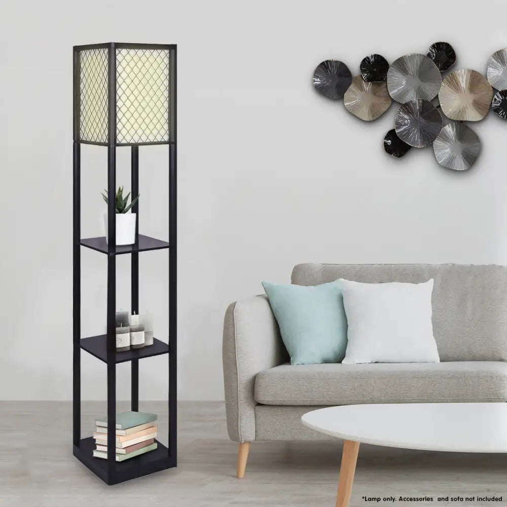 Sarantino Etagere Floor Lamp Diamond Look Fabric Shade Shelves Black - Home & Garden > Lighting