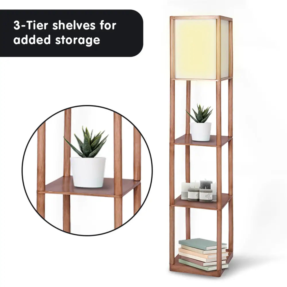 Sarantino Etagere Floor Lamp Off-White Fabric Shade in Wood Finish - Home & Garden > Lighting