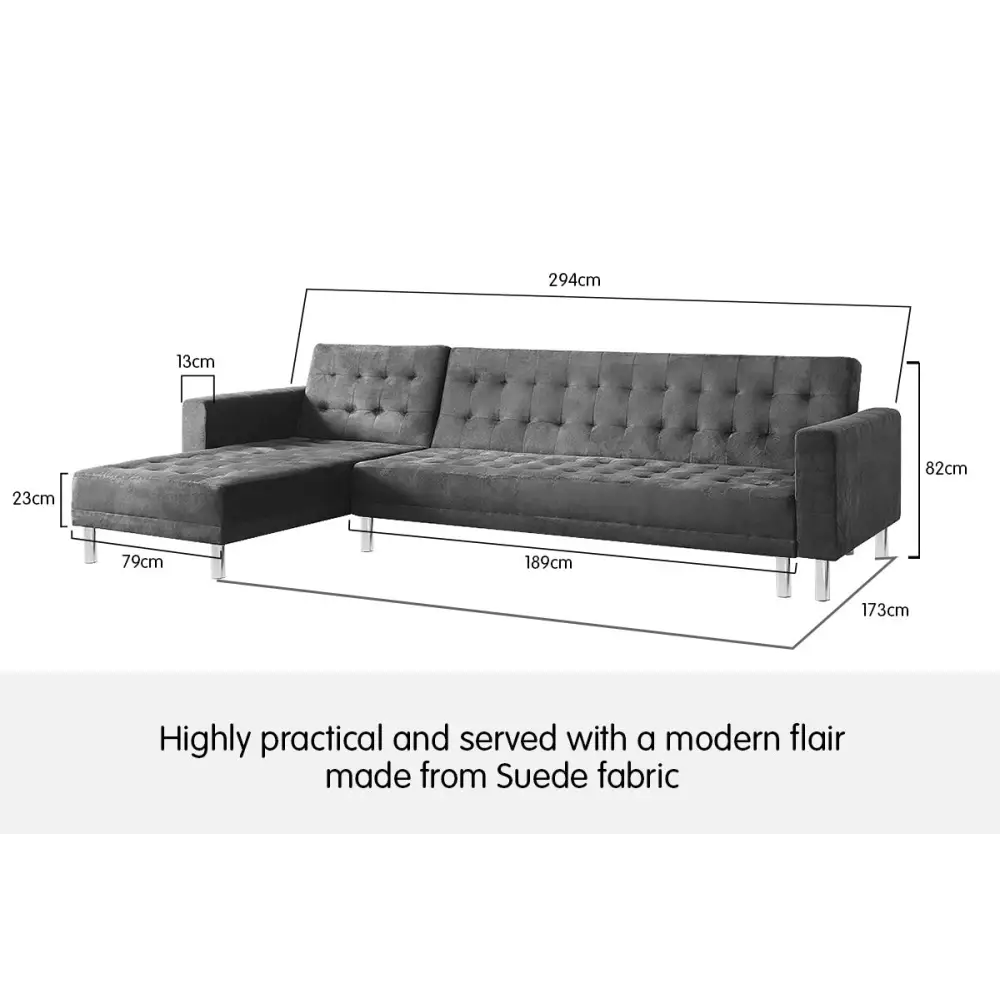 Sarantino Faux Velvet Corner Wooden Sofa Bed Couch with Chaise - Grey - Furniture > Sofas