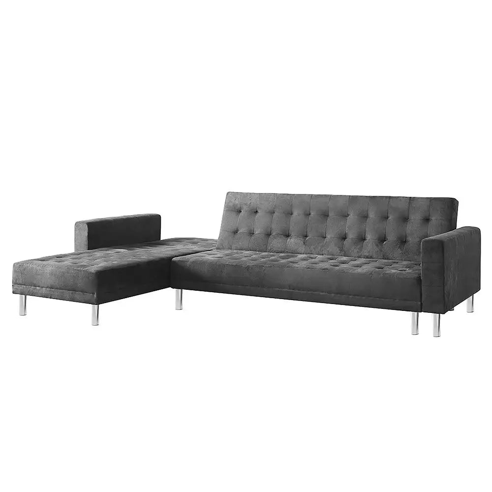 Sarantino Faux Velvet Corner Wooden Sofa Bed Couch with Chaise - Grey - Furniture > Sofas