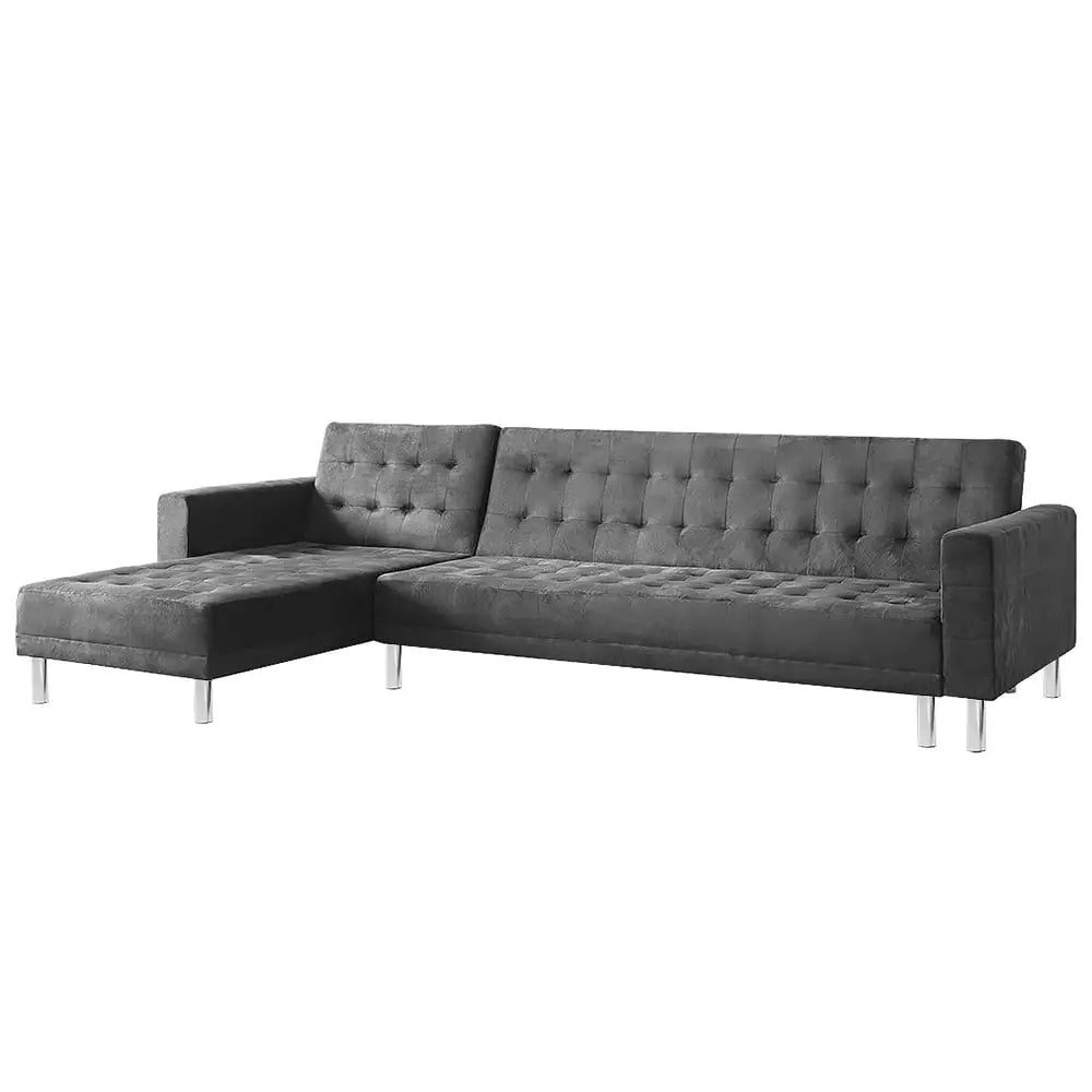 Sarantino Faux Velvet Corner Wooden Sofa Bed Couch with Chaise - Grey - Furniture > Sofas