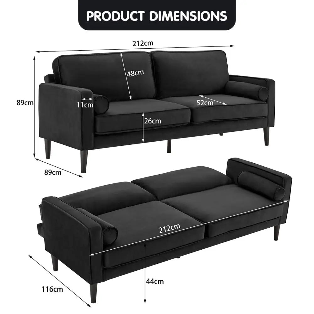 Sarantino Faux Velvet Sofa Bed Couch Furniture Lounge Suite - Black - Furniture > Sofas