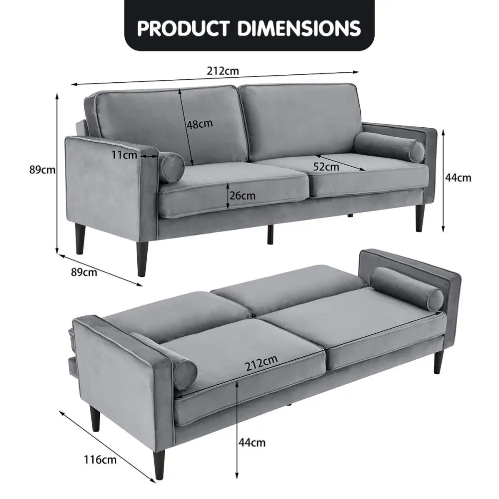 Sarantino Faux Velvet Sofa Bed Couch Furniture Lounge Suite Seat Grey - Furniture > Sofas