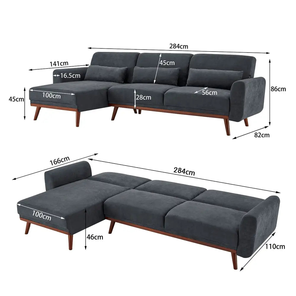Sarantino Faux Velvet Sofa Bed Couch Lounge Chaise Cushions Dark Grey - Furniture > Sofas