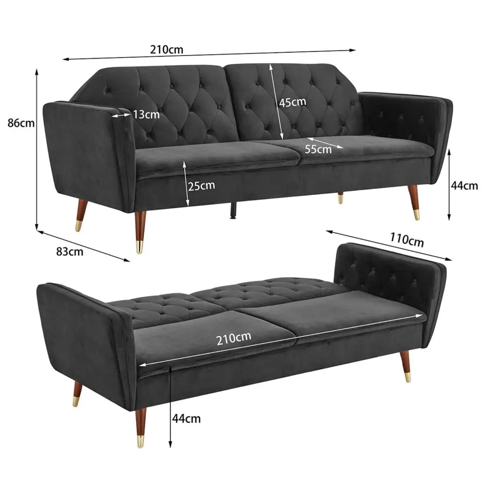 Sarantino Faux Velvet Tufted Sofa Bed Couch Futon - Black - Furniture > Sofas