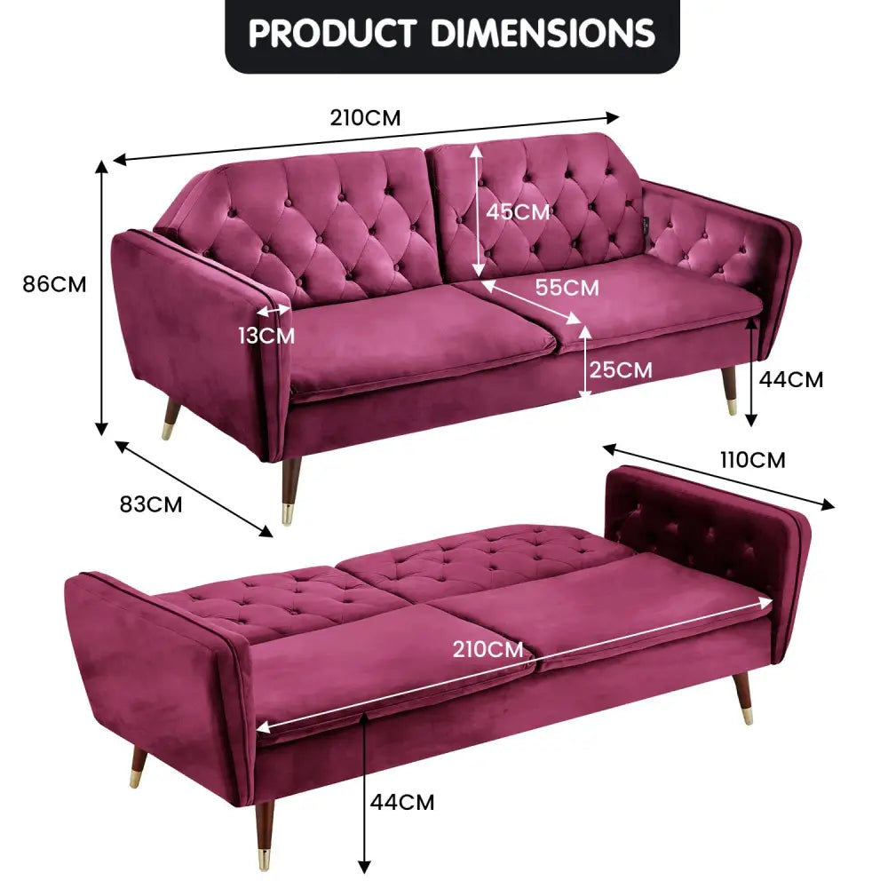 Sarantino Faux Velvet Tufted Sofa Bed Couch Futon - Burgundy - Furniture > Sofas
