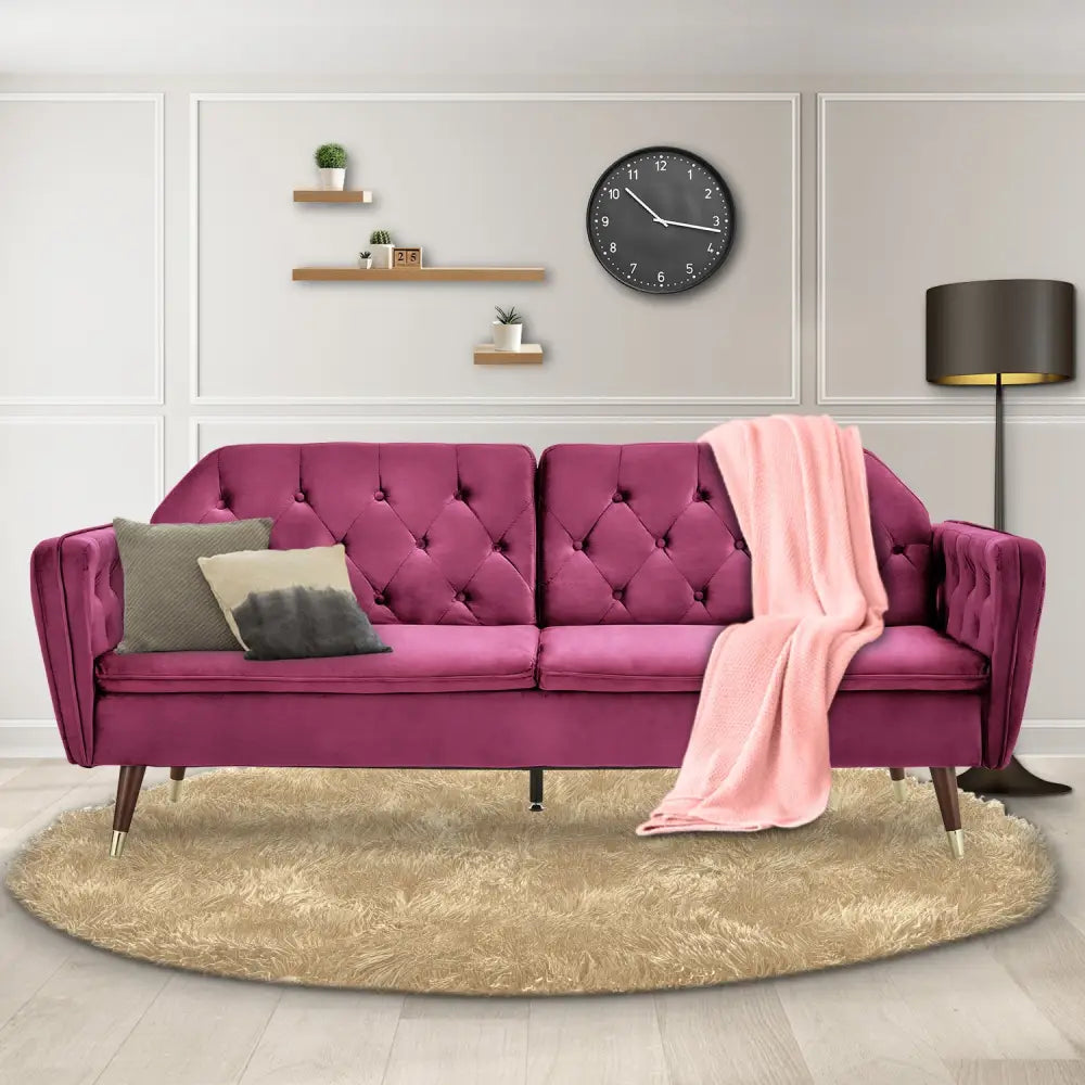 Sarantino Faux Velvet Tufted Sofa Bed Couch Futon - Burgundy - Furniture > Sofas