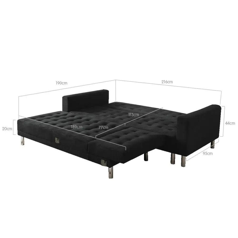 Sarantino Faux Velveteen Corner Wooden Sofa Bed Couch with Chaise Black - Furniture > Sofas