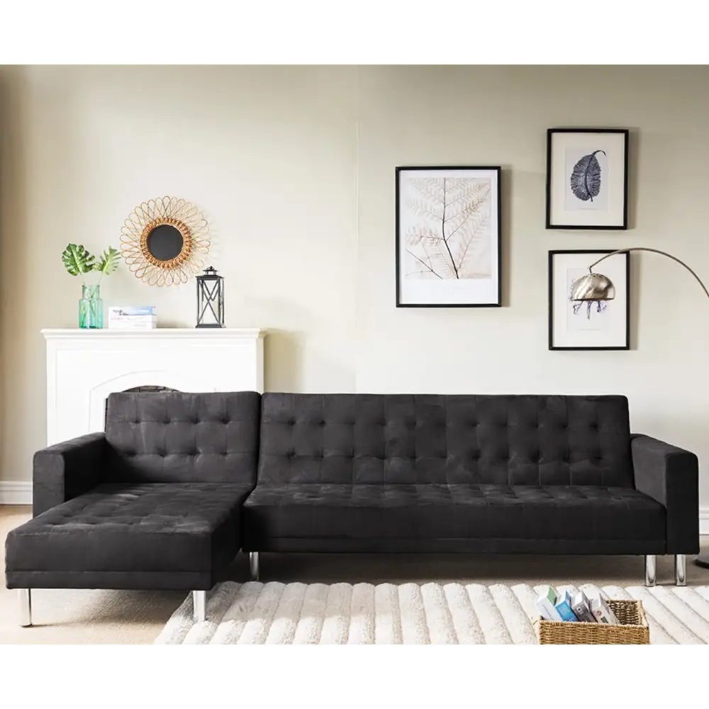 Sarantino Faux Velveteen Corner Wooden Sofa Bed Couch with Chaise Black - Furniture > Sofas