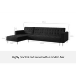 Sarantino Faux Velveteen Corner Wooden Sofa Bed Couch with Chaise Black - Furniture > Sofas
