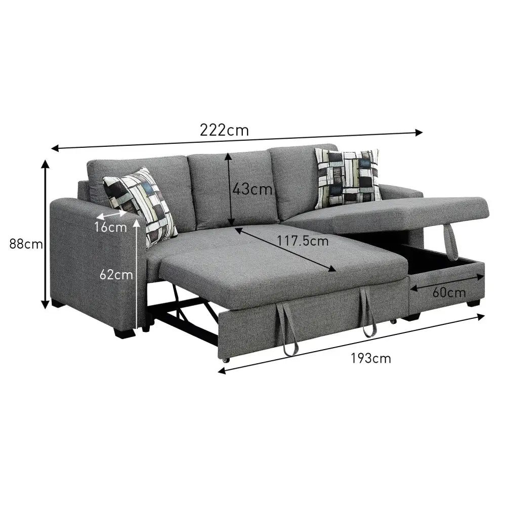 Sarantino Fontana Pullout Sofa Bed with Storage Chaise Lounge - Grey - Furniture > Sofas