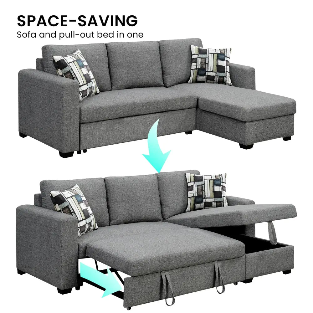Sarantino Fontana Pullout Sofa Bed with Storage Chaise Lounge - Grey - Furniture > Sofas