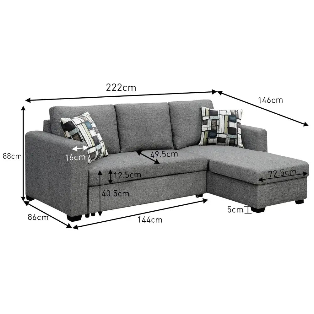 Sarantino Fontana Pullout Sofa Bed with Storage Chaise Lounge - Grey - Furniture > Sofas