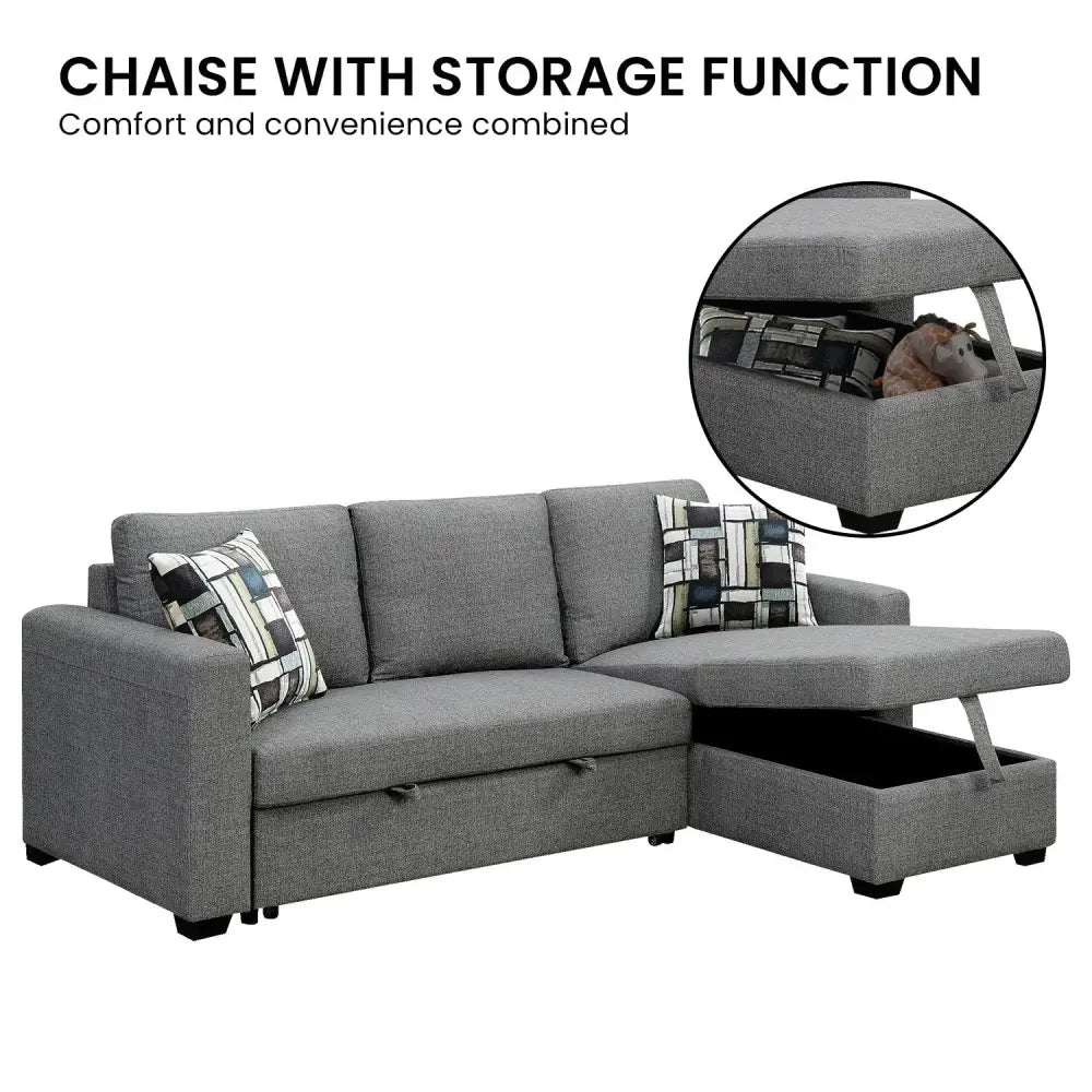 Sarantino Fontana Pullout Sofa Bed with Storage Chaise Lounge - Grey - Furniture > Sofas