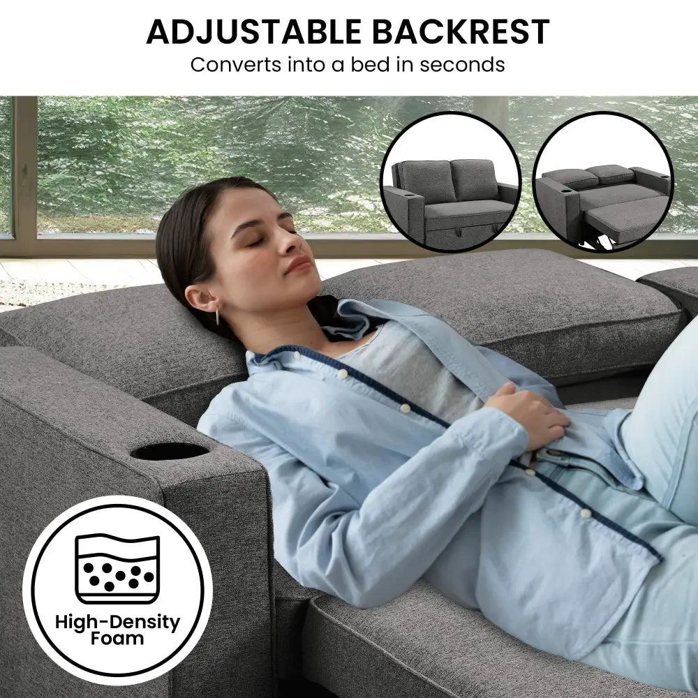 Sarantino Hoffman Linen Dark Grey Convertible Sofa Bed Couch Lounge With Cushions Cupholders Scandinavian-style Wooden