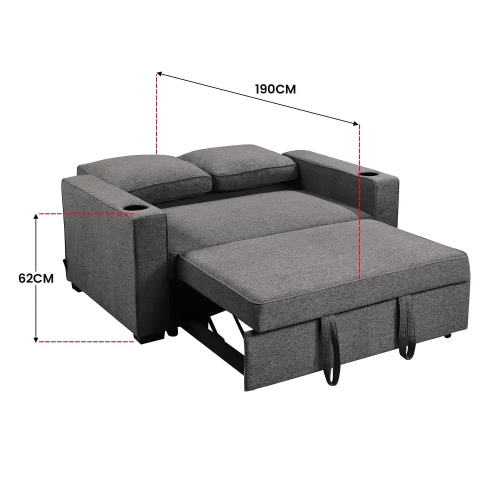 Sarantino Hoffman Linen Dark Grey Convertible Sofa Bed Couch Lounge With Cushions Cupholders Scandinavian-style Wooden
