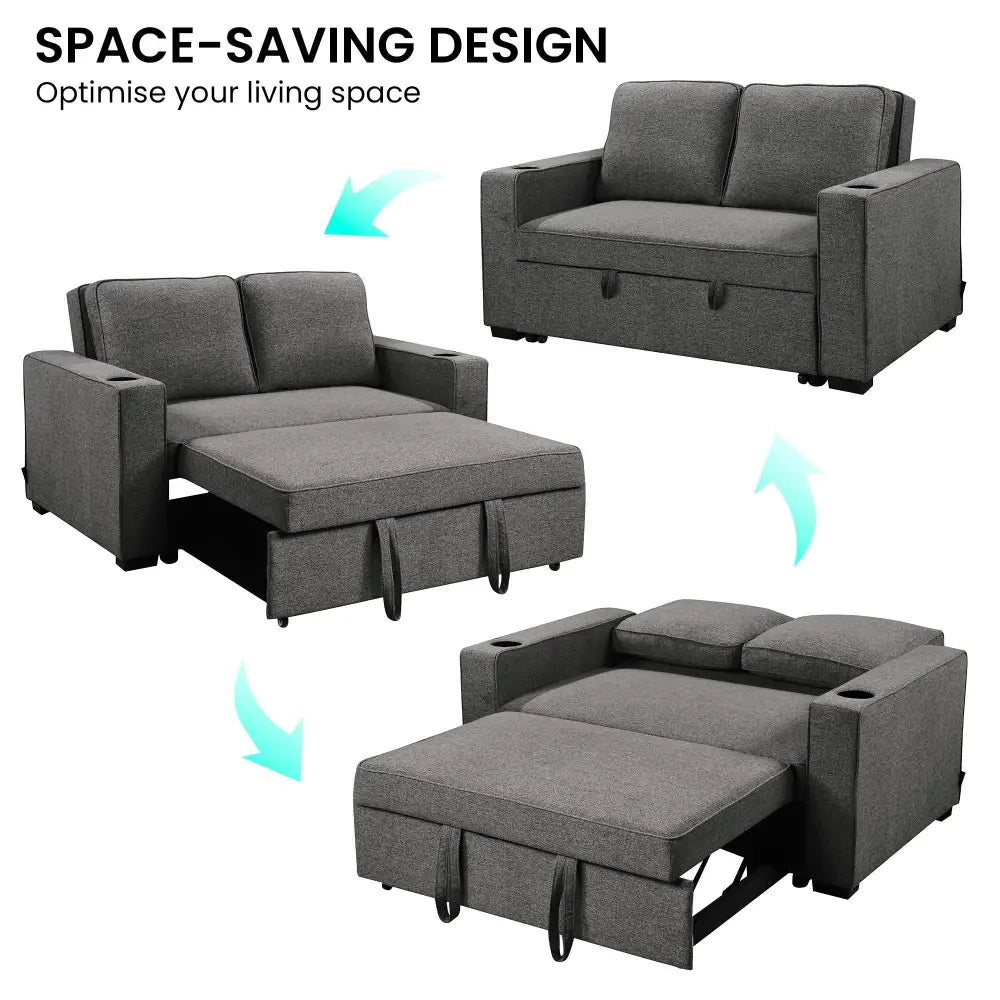 Sarantino Hoffman Linen Dark Grey Convertible Sofa Bed Couch Lounge With Cushions Cupholders Scandinavian-style Wooden
